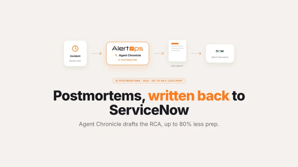 Title card for AI postmortems and RCA written back to ServiceNow